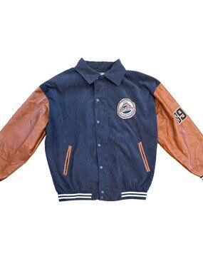 Corduroy Faux Leather Patch Varsity Jacket Blue Brown Size Large